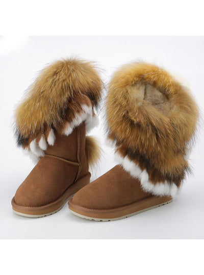 Fox Fur Cow Suede Leather Winter Snow Boots