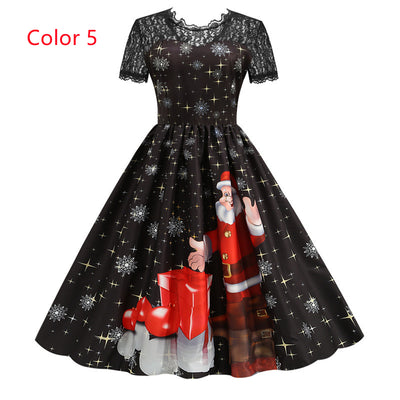 Lace Stitching Short Sleeve Printed Dress