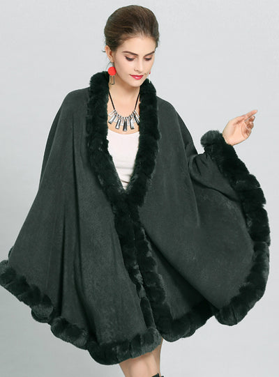 Fox Like Fur Collar Knitted Cape Coat With Large Shawl