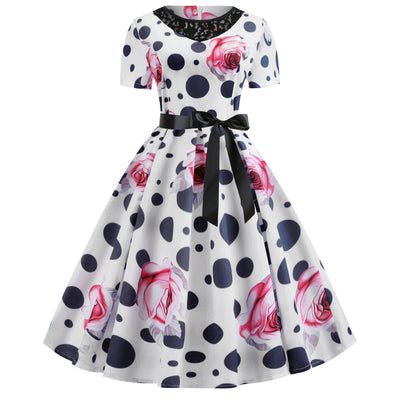 Retro Short Sleeve Printed Lace Dress
