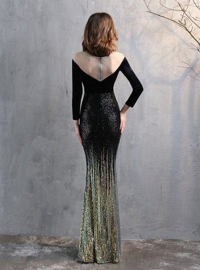Long Sleeve Velvet Sequins Prom Dress