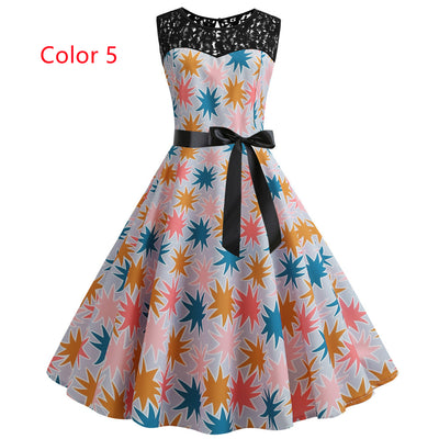 Retro Printed Sleeveless Lace Stitching Dress