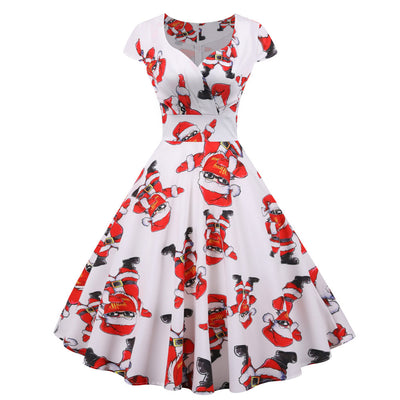 V-neck Short Sleeve Printed Big Swing Dress