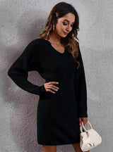 Women V-neck Long Sleeve Sweater Dress