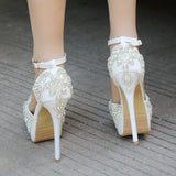 White Rhinestone Waterproof Platform Wedding Shoes