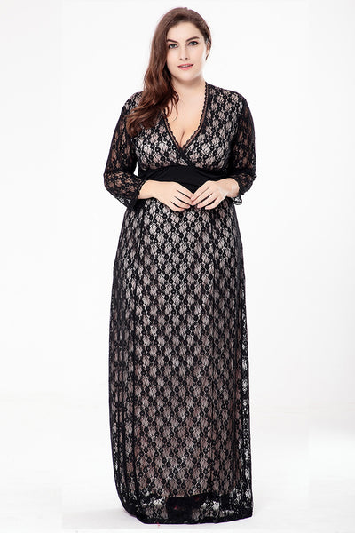 V-neck Black Hollow Three-quarter Sleeve Lace Dress