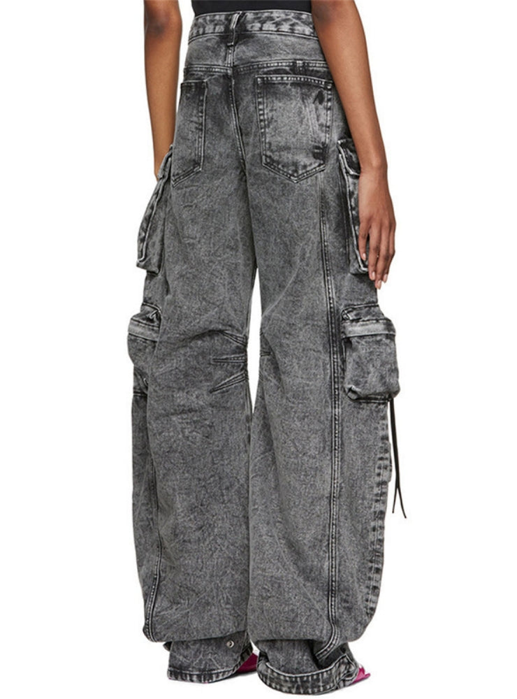 2023 Smoke-gray Stitching Multi-pocket Wide-leg Pants