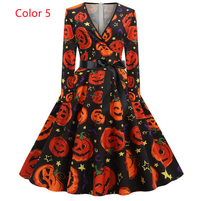 Long Sleeve V-neck Slim Print Dress