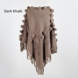 Fringe Fur Ball Beaded Round Neck Sweater Cloak
