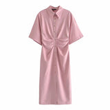 Women Chic Fashion Button-up Draped Midi Shirt Dress