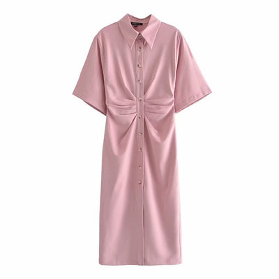 Women Chic Fashion Button-up Draped Midi Shirt Dress