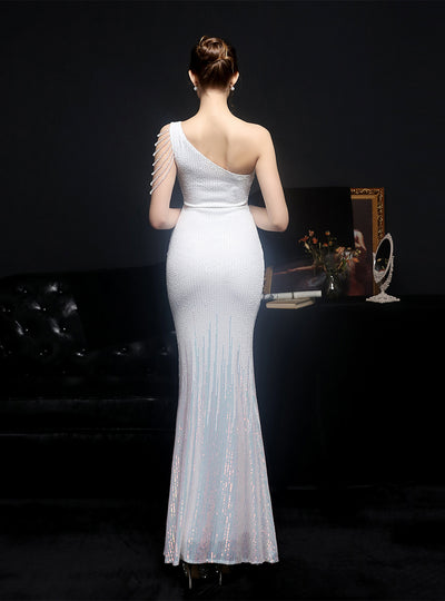 One Shoulder Sequins Beading Party Dress With Split