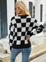 Loose Turtleneck Plaid Color Matching Sweater