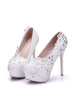 White Beaded Lace Flowers Wedding Shoes