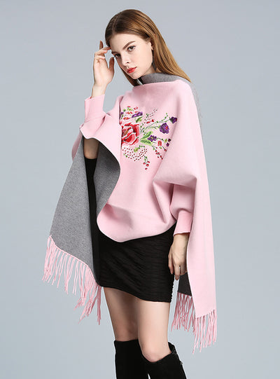Embroidered Tassel Knitted Shawl Cloak Bat Sleeve