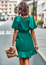 Ruffled Round Neck Solid Color Dress
