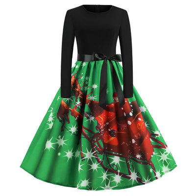 Retro Christmas Printed Long Sleeve Dress