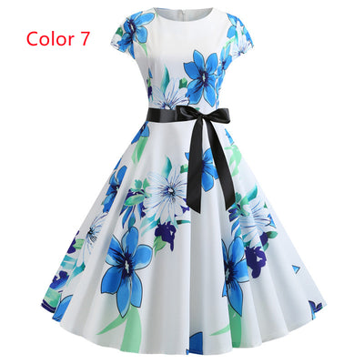 Retro Short Sleeve Printed Round Neck Dress