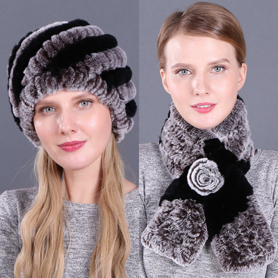 Warm Pineapple Rex Rabbit Fur Hat Scarf Set
