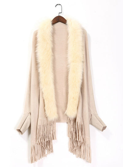 Loose Fox Like Fur Collar Tassel Knitted Cardigan Shawl