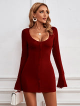 Sexy Single-breasted Knitted Long-sleeved Dress