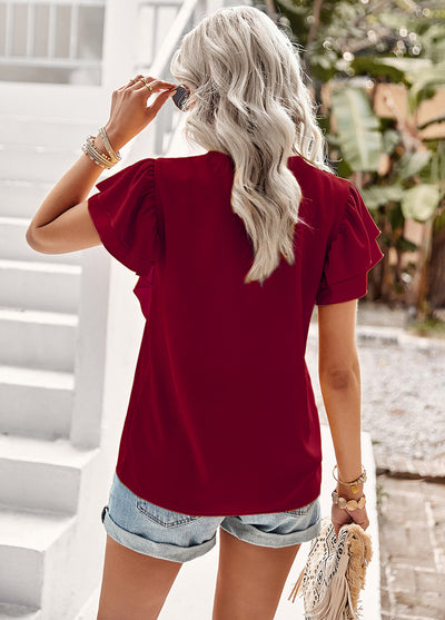 V-neck Ruffled Top Short Sleeve Shirt