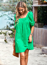 Solid Color Openwork Jacquard Square Collar Dress