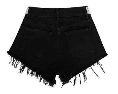 Black High Waist Drill Chain Denim Shorts
