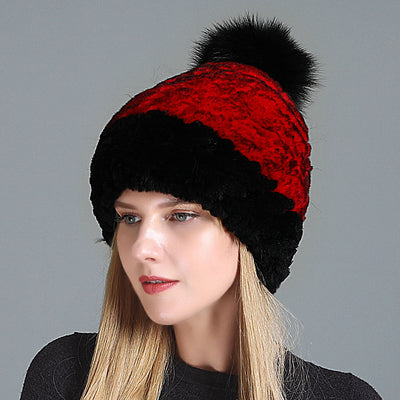 Women's Rex Fur Hat Fox Fur Ball Wool Hat