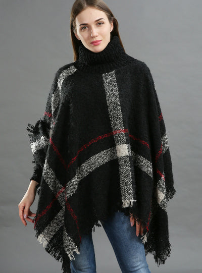 Middle Length High-Necked Knitwear Cape Shawl Blouse