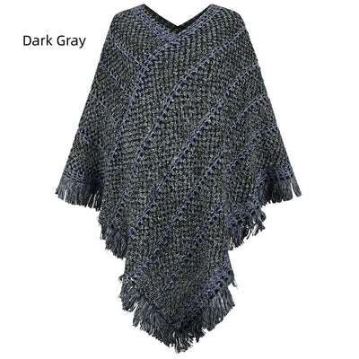 Contrast Striped Fringed Pullover Cape Shawl