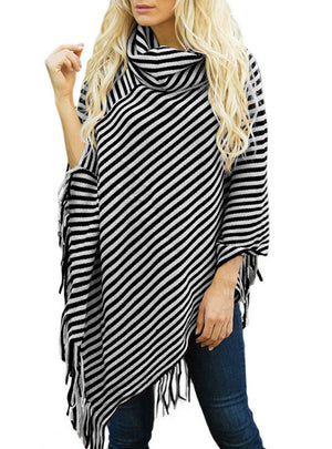 Oblique Striped High Necked Fringed Cape Shawl Sweater
