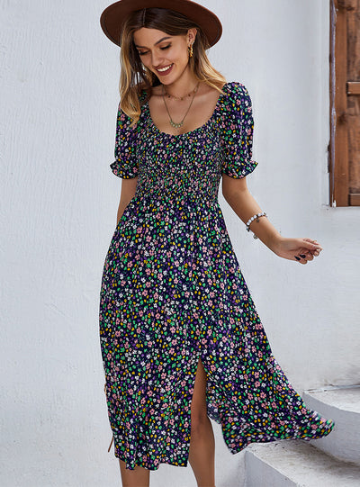 Round Neck Big Swing Bohemian Print Dress