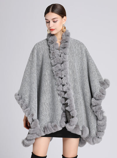 Rabbit Fur Collar Shawl Cape Loose Large Size Knitted Cardigan
