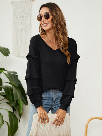 Women V-neck Lantern Sleeve Top
