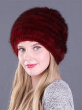 Ladies Mink Wool Knitted Hat Flower Decoration