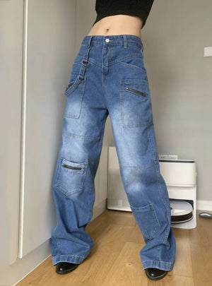Low-waist Multi-pocket Wide-leg Jeans