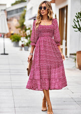 Bohemian Square Neck Long Sleeve Dress