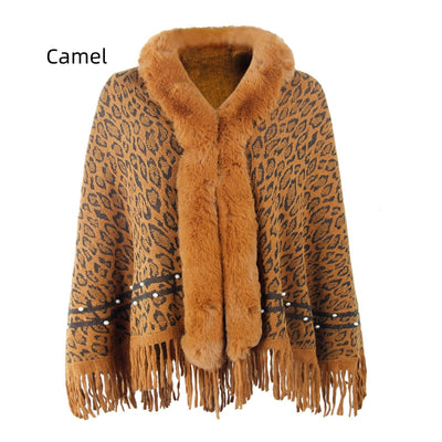 Leopard Print Fur Collar Tassel Warm Scarf Shawl