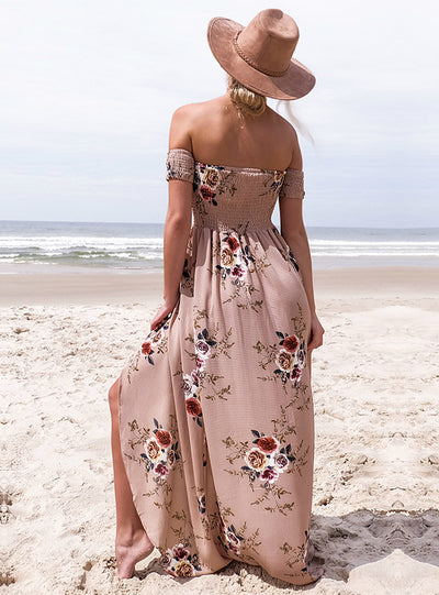 Boho Floral Print Off Shoulder Beach Chiffon Dresses 