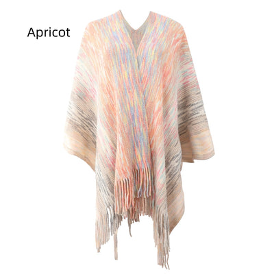 Striped Cape Fringed Cardigan Shawl