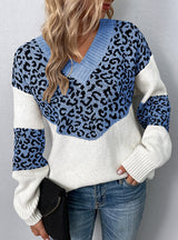 V-neck Pullover Color-bump Leopard Sweater