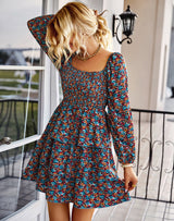 Square Neck Long Sleeve Print Cake Dress
