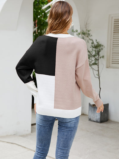 Crew Neck Stitching Contrast Sweater