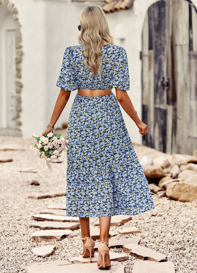 Silm Waist Round Neck Printed Dress