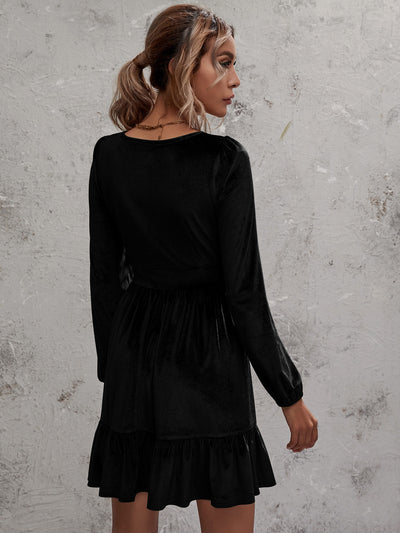 Deep V-neck Puff Sleeve Velvet Ruffled Dress