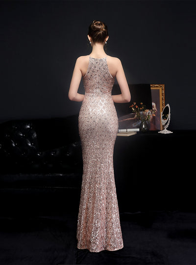 Long Halter Sequined Fishtail Evening Dress