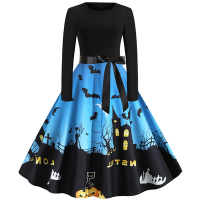 Halloween Printed Round Neck Long Sleeve Dress