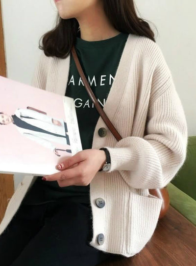 Women Cardigans Sweater V neck Solid Loose Knitwear