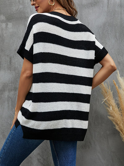 Striped Color Matching Short Sleeve V-neck Sweater